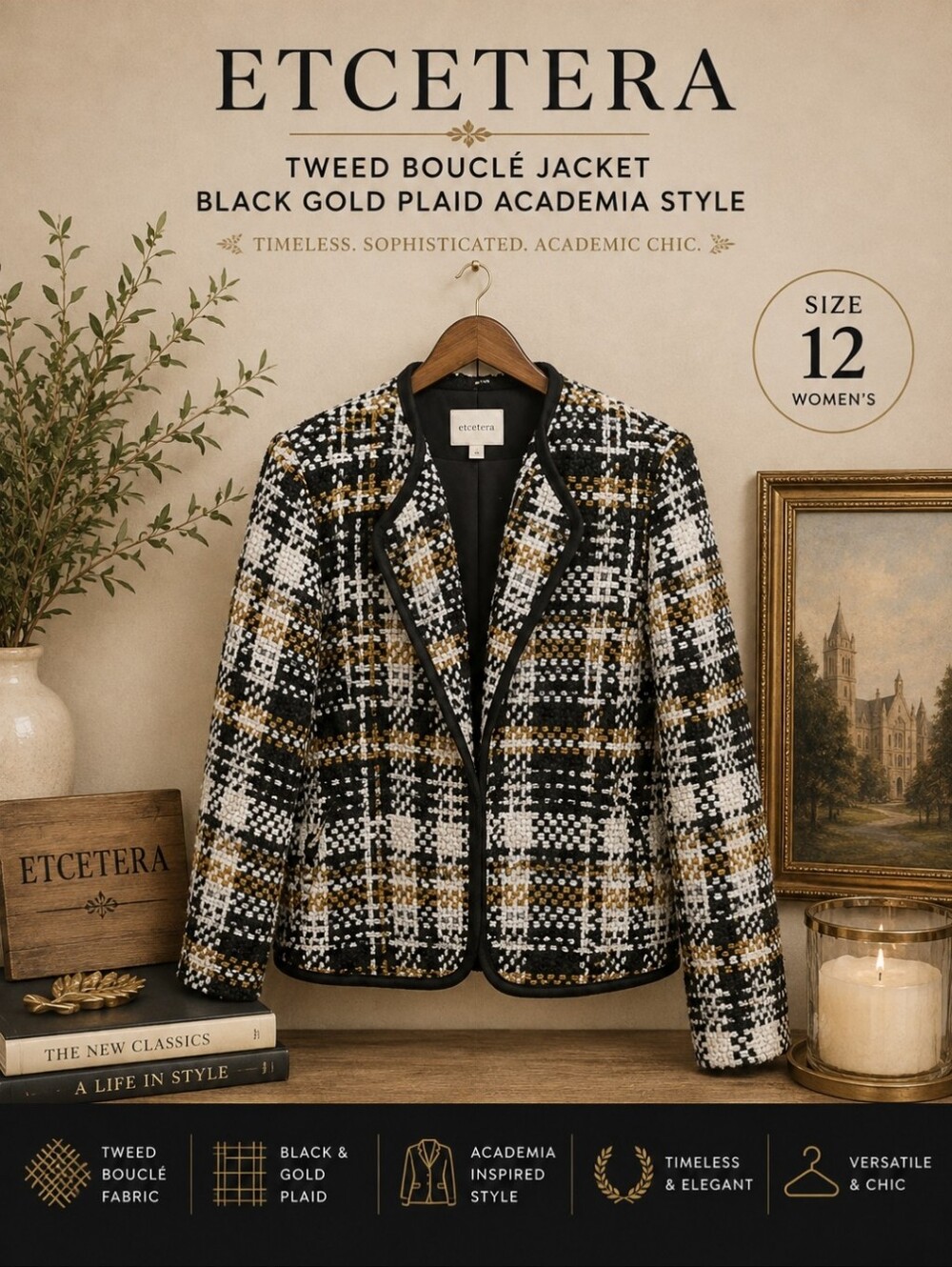 Ecetera Tweed Bouclé Jacket Black Gold Plaid Academia Style